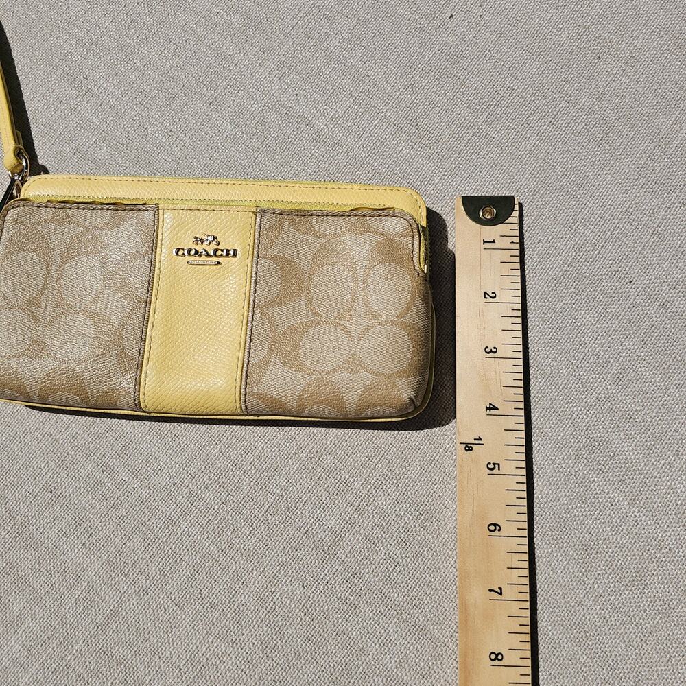 Coach Signature Yellow and Tan Zip around Wallet 2 zippers Wrist Strap - Picture 8 of 10